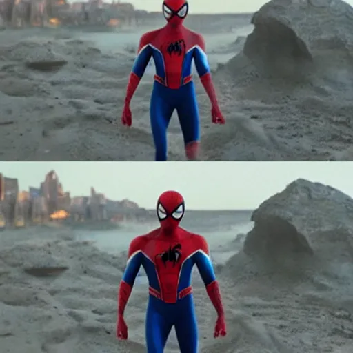 Prompt: cinematic scene of Spiderman slowly becoming sand , shocking