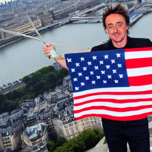 Image similar to Richard Hammond holding up the flag of america on top of the eiffel tower