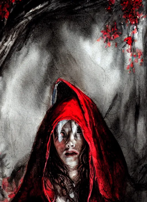 Image similar to portrait, beautiful Little red riding hood at a rave concert, watercolor, dramatic lighting, cinematic, establishing shot, extremly high detail, foto realistic, cinematic lighting, pen and ink, intricate line drawings, by Yoshitaka Amano, Ruan Jia, Kentaro Miura, Artgerm, post processed, concept art, artstation, matte painting, style by eddie mendoza, raphael lacoste, alex ross