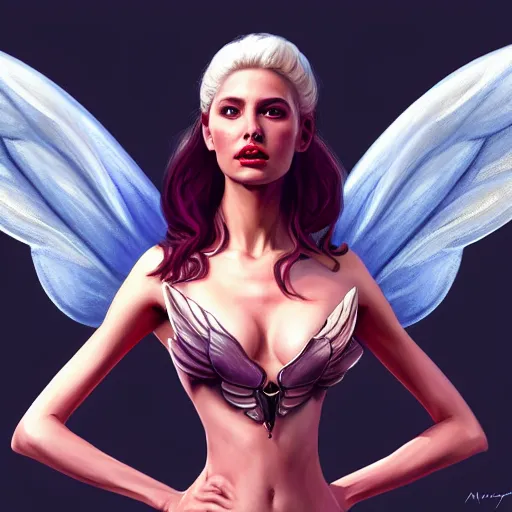 Image similar to 3 / 4 view of a portrait of a pretty woman with wings with wings, confident pose, digital painting, artstation, concept art, smooth, sharp focus, illustration, trending on artstation, highly detailed, concept art, mike esposito comics mickey demeo, trending on artstation, imax 7 0 mm, h 6 4 0