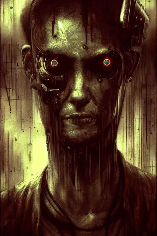 Image similar to a man with a creepy look on his face, cyberpunk art by ben templesmith, cgsociety, neo - figurative, dystopian art, apocalypse art, grotesque