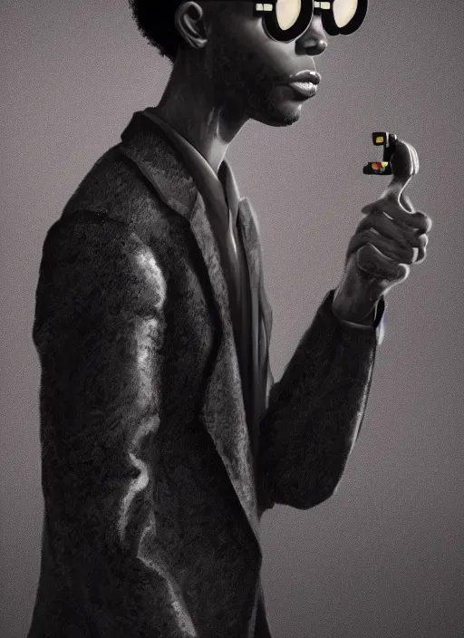 Image similar to an anthropomorphic beautiful black male portrait taking photos black letter jacket, glowing lens, short hair, fine art, award winning, intricate, elegant, sharp focus, octane render, hyperrealistic, cinematic lighting, highly detailed, digital painting, 8 k concept art, art by jamie hewlett and z. w. gu, masterpiece, trending on artstation, 8 k