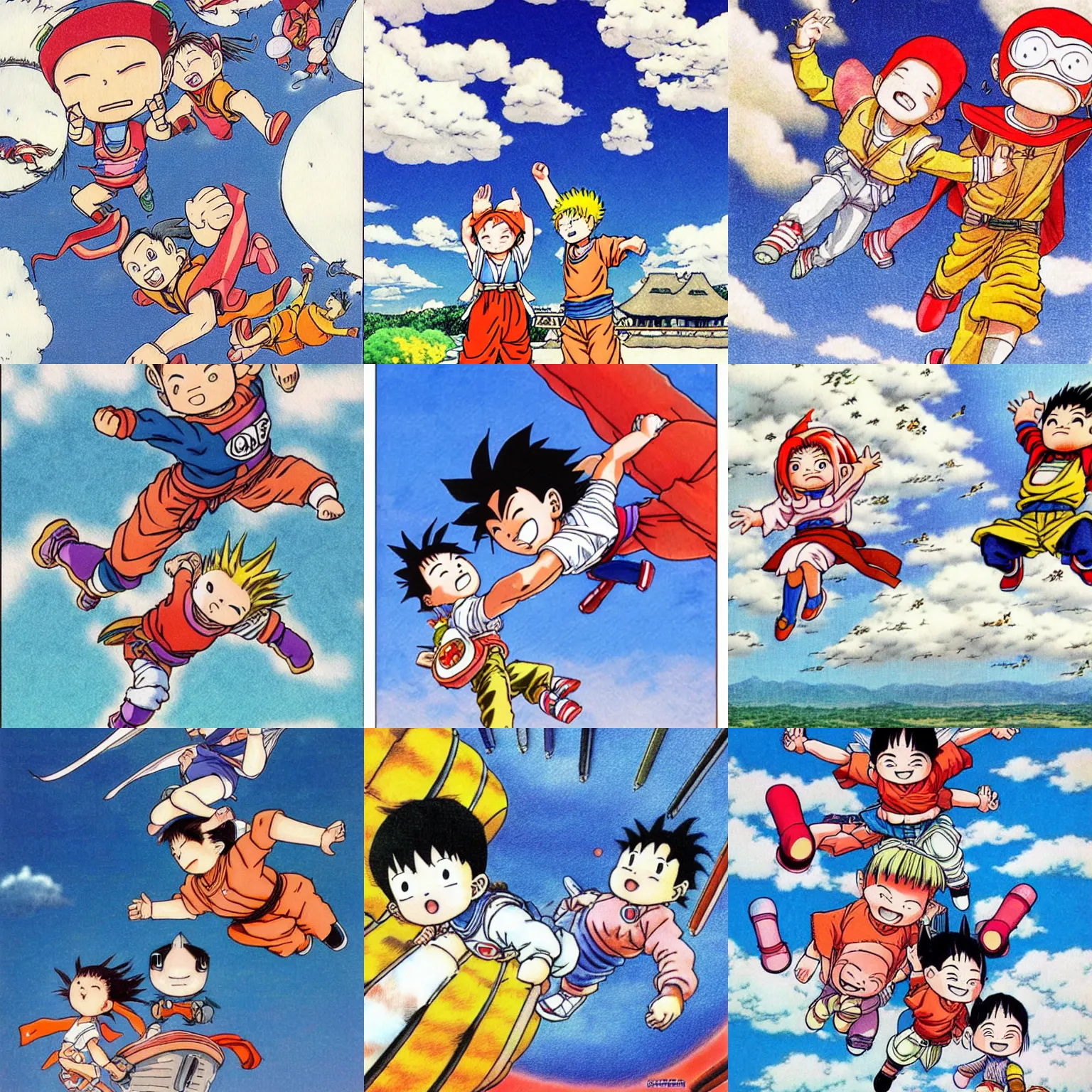 Prompt: young boy and girl flying in the air, happy, manga art, illustration, art by akira toriyama!!!!!!!!!!!!!!!!!!