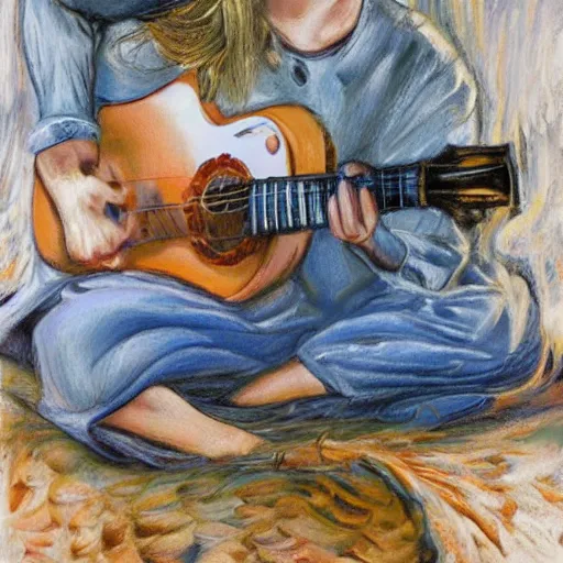Prompt: women playing guitar, televisions, hd, photoreal cinema still, pastel in the style of bruce weber