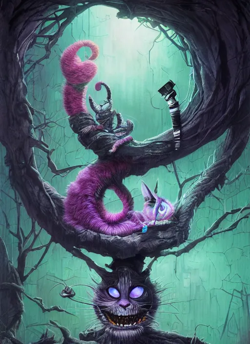 Image similar to cheshire cat, matrix, highly detailed, cinematic, 8 k, by megan duncanson, benjamin lacombe, adrian borda, stanley artgermm, tom bagshaw, craig mullins, carne griffiths, ayami kojima, beksinski, giger, trending on deviantart, hyper detailed, horror, full of colour