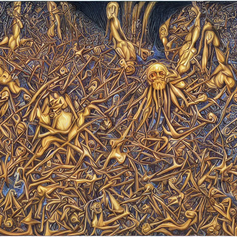 Image similar to expression of mind-matter interaction through death by Alex Grey and M. C. Escher collaboration, digital painting, Groundcore