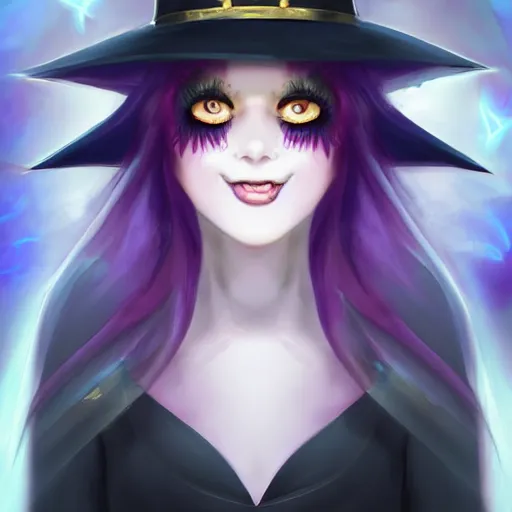 Prompt: card art of a young female occult magician with dark purple hair, pale skin, extra wide witch hat, character design, well-endowed, realistic face, symmetrical face, evil laugh, digital painting, anime visual style, game art, matte, dramatic lighting, tonemapping, highly detailed, sharp focus, realism, vibrant colors, ArtStation, trending on ArtStation, DeviantArt, Zeronis