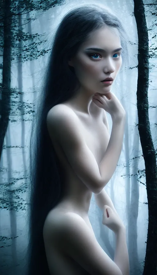 Image similar to photo of eternal peace, a gorgeous young girl , searching for eternity, dark forest in the style of stefan kostic, realistic, sharp focus, 8k high definition, high fashion, vogue, insanely detailed, soft light, colorful smoke, intricate, elegant, art by stanley lau and artgerm, sigma 85mm art