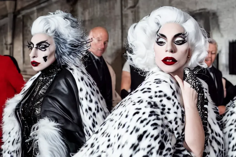 Image similar to lady gaga plays cruella in the live action adaptation of cruella, red weapon 8 k s 3 5, cooke anamorphic / i lenses, highly detailed, cinematic lighting