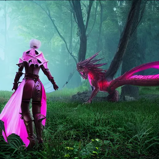 Prompt: a girl dressed in a pink knight armor fights a huge red dragon in the deep forest, highly detailed, intrusion atmosphere, unreal engine