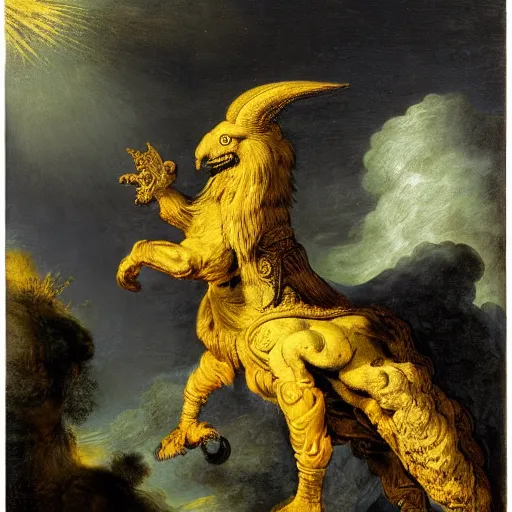 Prompt: a griffin in a space suit on a mountain in a giant jungle in the style of Rembrandt, highly detailed