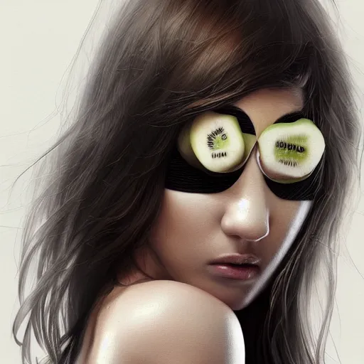 Image similar to close up of female model with kiwifruit slices covering her eyes. 4K award winning photorealistic concept art. smooth, sharp focus, illustration, grunge tech, art by Hirō Isono, by artgerm and greg rutkowski Artgerm 8k