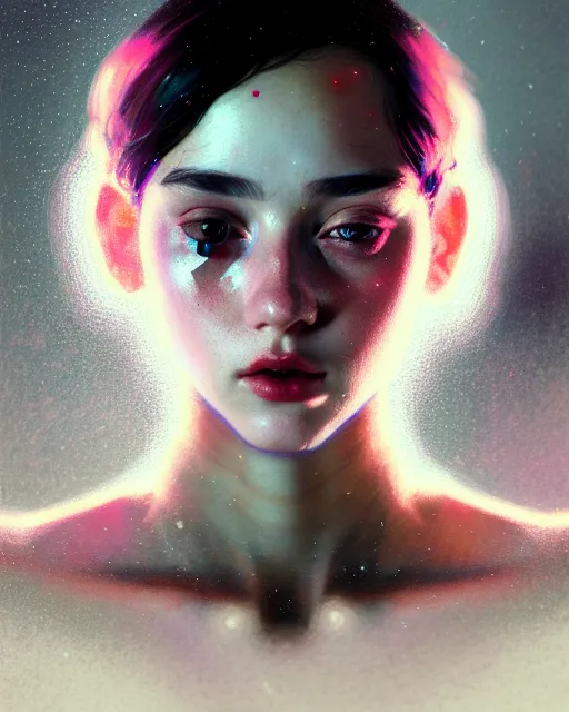 Prompt: young glitched woman, beautiful girl, close up portrait, bright, highkey, realistic, serov, surikov, vasnetsov, repin, kramskoi, uplight, insanely detailed, charlie bowater, tom bagshaw, octane rendered,, 8 k, unreal engine, illustration, trending on artstation, masterpiece