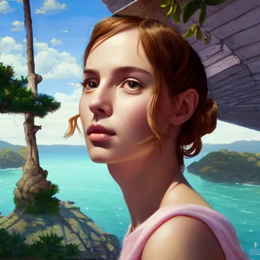 Image similar to a beautiful scenic painting by artgerm and wlop and wes anderson and spike jonze