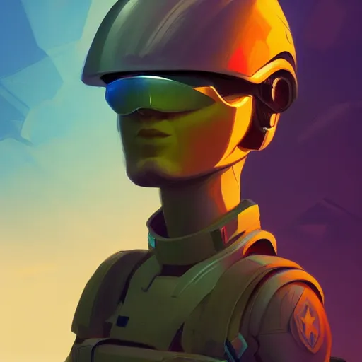 Image similar to Portrait of a futuristic soldier, LED helmet, mattepainting concept Blizzard pixar maya engine on stylized background splash comics global illumination lighting artstation lois van baarle, ilya kuvshinov, rossdraws