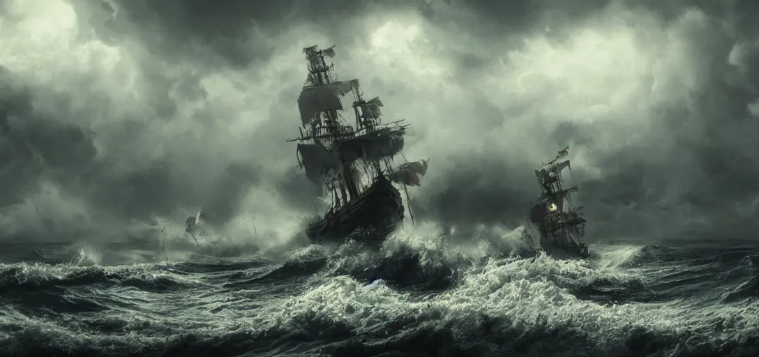 Image similar to wild ocean storm at night, old wooden pirate ship battle, appearing from fog, mist, dramatic lighting, cinematic, establishing shot, extremly high detail, foto realistic, pirates of the carribean, cinematic lighting, post processed, concept art, artstation, matte painting, style by eddie mendoza, raphael lacoste, alex ross