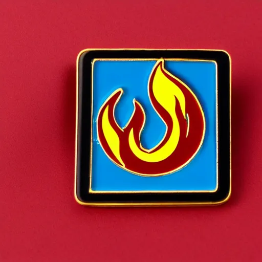 Image similar to a square enamel pin of a fire flames blaze label, smooth curves, behance