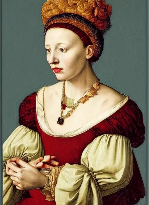 Prompt: portrait of young woman in renaissance dress and renaissance headdress, art by giovanni gastel