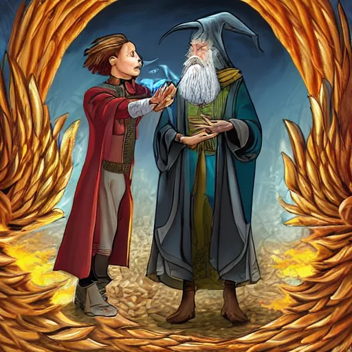 Prompt: a wizard and his phoenix familiar in a magical workshop, fantasy, digital art