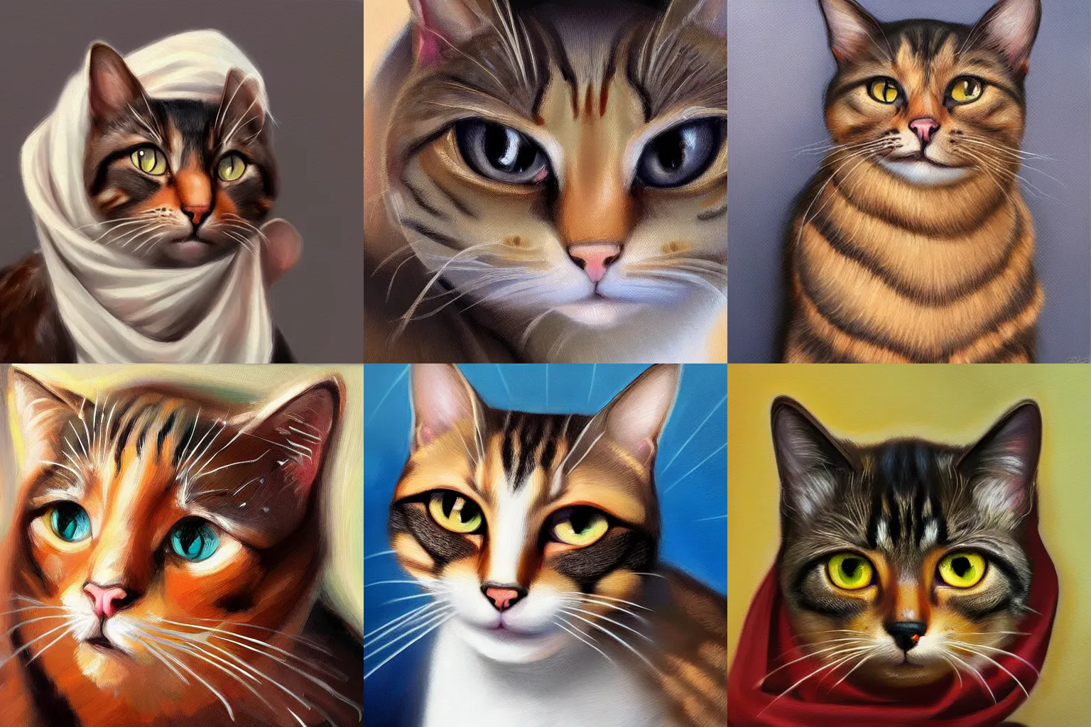 Prompt: brown eyed cat!! wearing hijab!!, artstation trending, realistic, oil painting, digital painting