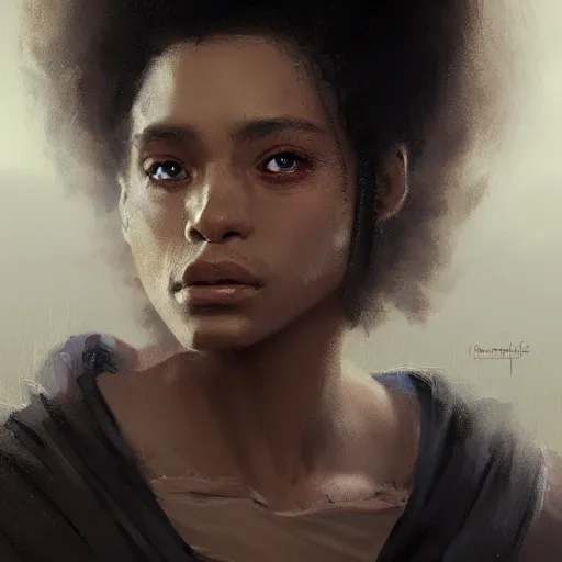 Image similar to portrait of a woman by greg rutkowski, young jedi knight, black, afro hair, pretty, star wars expanded universe, she is about 2 0 years old, wearing jedi robes, highly detailed portrait, digital painting, artstation, concept art, smooth, sharp foccus ilustration, artstation hq