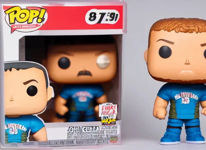 Image similar to product still of John Cena funko pop with box, 85mm f1.8