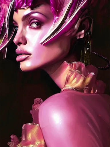 Prompt: pink portrait of beautiful female angel queen Angelina Jolie head wearing shiny pink crown, subtle purple accents, hyper details, black metal rococo, sculpted by Alex Alice, Craig Mullins, yoji shinkawa, trending on artstation, beautifully lit, Peter mohrbacher, hyper detailed, insane details, intricate, elite, elegant, luxury, ray of light through smoke, CGsociety, hypermaximalist, blackpink, golden ratio, volumetric, octane render, weta digital, micro details, 3d sculpture