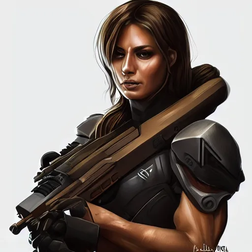 Image similar to portrait of a sleek tan agent armed with a kriss vector, D&D, fantasy, elegant, hopeful, cosmic, muscular, highly detailed, digital painting, artstation, concept art, smooth, sharp focus, illustration