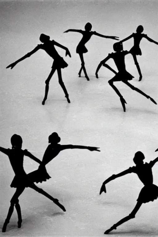 Prompt: Old black and white Soviet TV with four skeleton ballerinas performing Swan\'s Lake ballet. Extremely detailed. 4K. Award winning. Ultra realistic photo