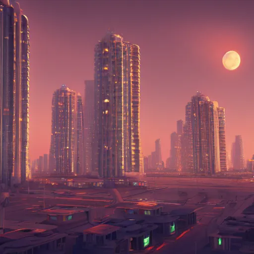 Image similar to fantasy modern city with many high rise under a moonlit, starry sky, lunarpunk, concept art, trending on art station, orange and teal color, cgsociety, octane render