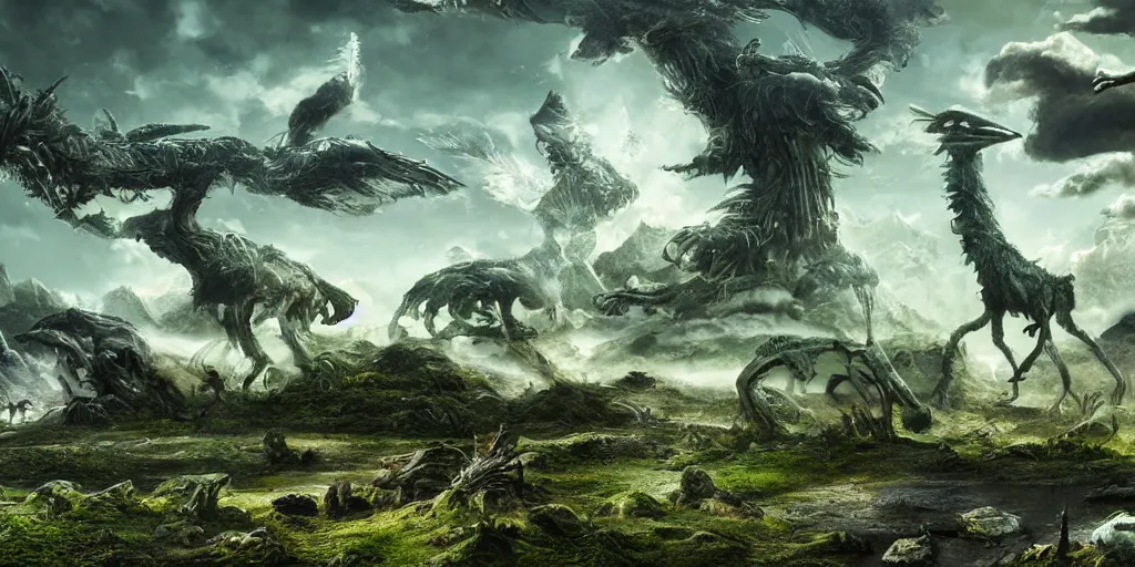 Image similar to landscape image with various different alien animals, extremely detailed digital matte painting