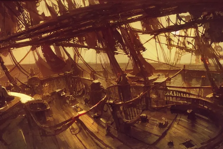 Prompt: pirate ship deck interior, intricate, elegant, highly detailed, vivid colors, john harris, frazetta, tyrus wong, ruan jia, jeffrey catherine jones