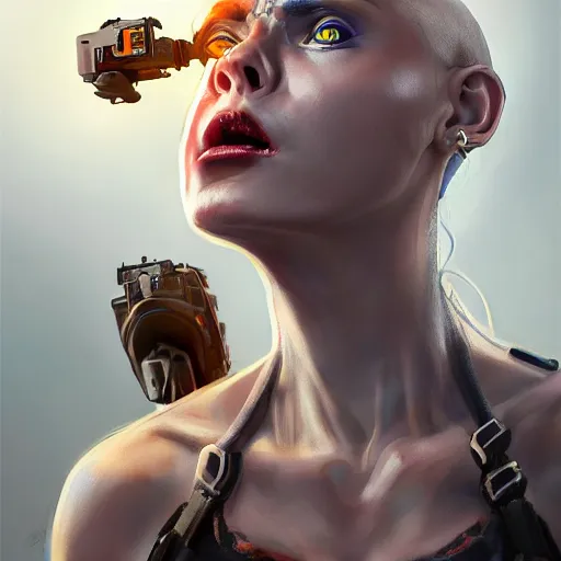 Prompt: tank girl, highly detailed, half human, half cyborg, power implants, full body transmogrify, low camera angle, point of view looking up from below, beautiful, mesmerising, look of desire, loving stare, battle action shot, digital painting, trending on artstation, concept art, 4 k, sharp focus, illustration, art by greg rutkowski