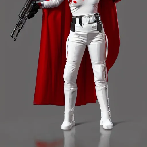 Image similar to a young female soldier wearing blood-spattered glossy sleek white dinged scuffed armor and a long torn red cape, heroic posture, determined expression, elegant, no helmet, on the surface of mars, dramatic lighting, cinematic, sci-fi, hyperrealistic, detailed