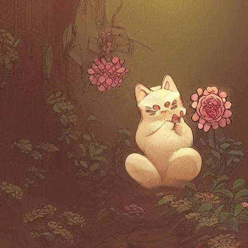 Image similar to A cute maneki neko waving, flowers around, D&D, fantasy, intricate, cinematic lighting, highly detailed, digital painting, artstation, concept art, smooth, sharp focus, illustration, art by Akihiko Yoshida, Greg Rutkowski and Alphonse Mucha