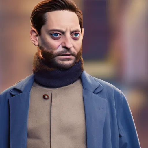 Image similar to tobey maguire as a man with a scruffy beard in a dark blue trenchcoat as the new doctor who, cinematic, volumetric lighting, f 8 aperture, cinematic eastman 5 3 8 4 film, photorealistic