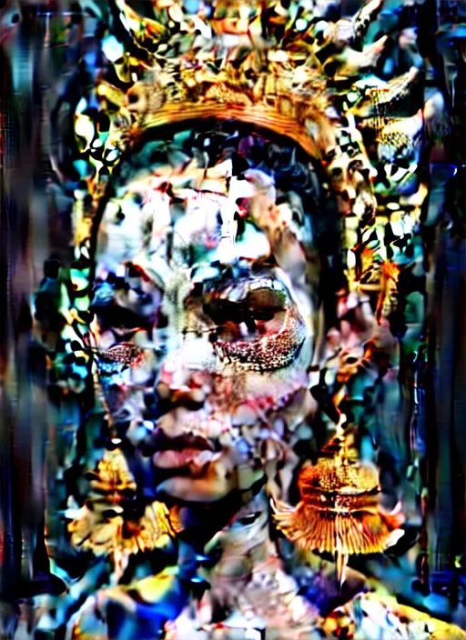 Image similar to absurdly beautiful young thai woman with symmetrical white makeup, wearing an intricate headdress made from bones, wearing large earrings made from white bones, hyperdetailed illustration by irakli nadar and alexandre ferra, intricate linework, unreal engine 5 highly rendered, global illumination, radiant light, detailed and intricate environment