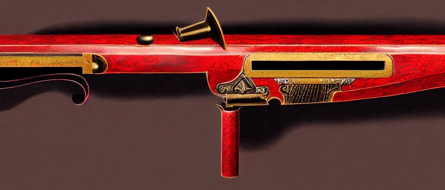 Image similar to a magical antique sawed - off double - barreled shotgun made from glossy red - painted wood and elements of gold metalwork, video game concept art