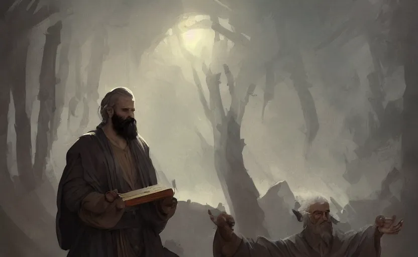 Prompt: a painting of the all father holding a scroll trending on artstation in the style of greg rutkowski, beautiful, male, sensual, wise, natural skin, black beard, leader, staff, 1 5 0 0 s