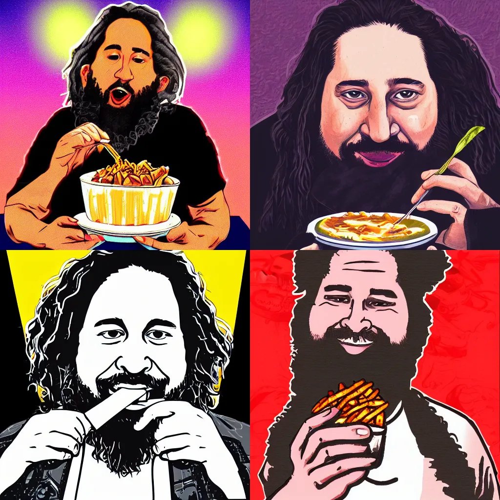 Prompt: high quality portrait of richard stallman eating poutine by mad dog jones, synthwave style