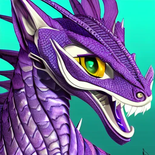 Prompt: a 128 foot tall elegant female silver scaled western dragon with purple accents; The scales smooth and streamlined, while having a sleek and sharp crest; two eyes bright blue; the snout sharp and pointed, yet sleek and elegant; close-up bust, high quality 16k digital art, deviantart, furaffinity