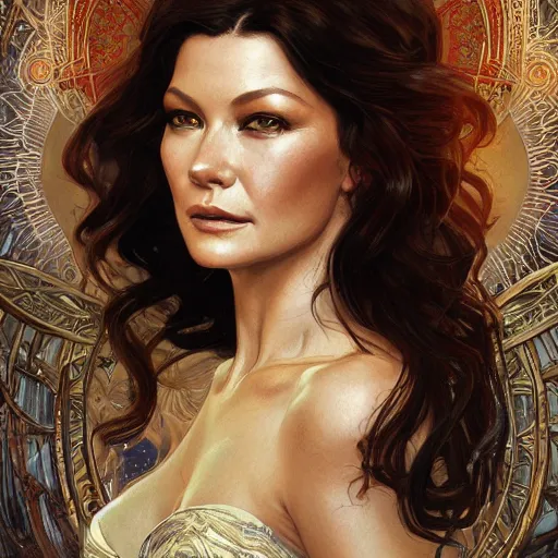 Prompt: beautiful detailed picture of catherine zeta jones, radiant light, art nouveau, intricate, elegant, highly detailed, my rendition, digital painting, artstation, concept art, smooth, sharp focus, illustration, art by artgerm and greg rutkowski and alphonse mucha