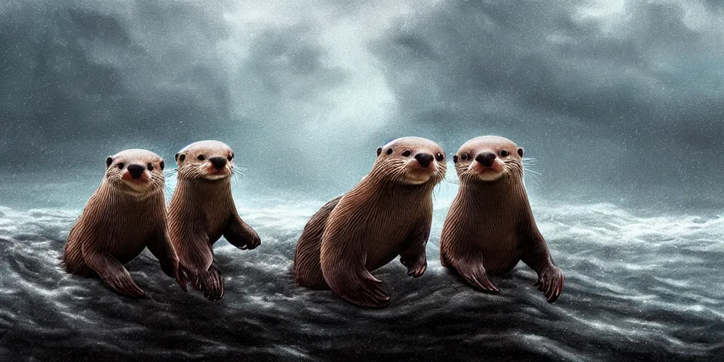 Image similar to Two adorable otters falling in love holding hands side by side, all alone in the middle of a scary storm at sea, fantasy illustration, cinematic, award winning, romantic, detailed trending on artstation, masterpiece