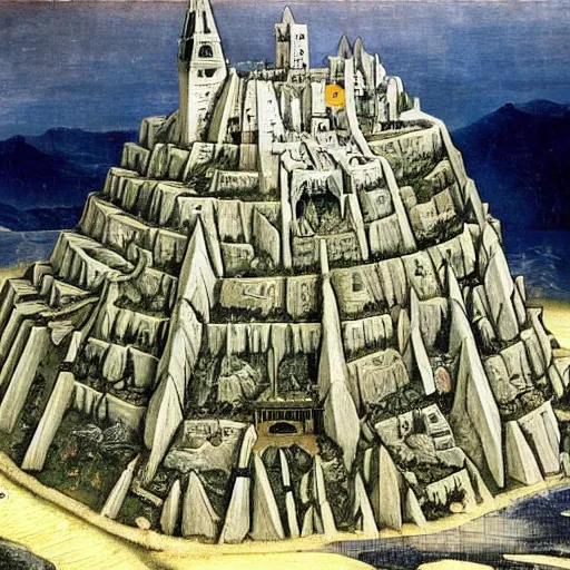 Image similar to Minas Tirith by Bruege and Hokusail, masterpiece