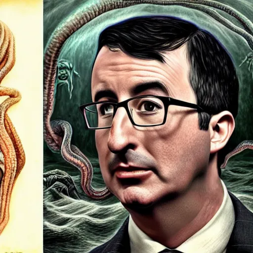 Prompt: John Oliver is Cthulhu, matte painting, hyper detailed, hyper realistic, by Leonardo Da Vinvi, portrait