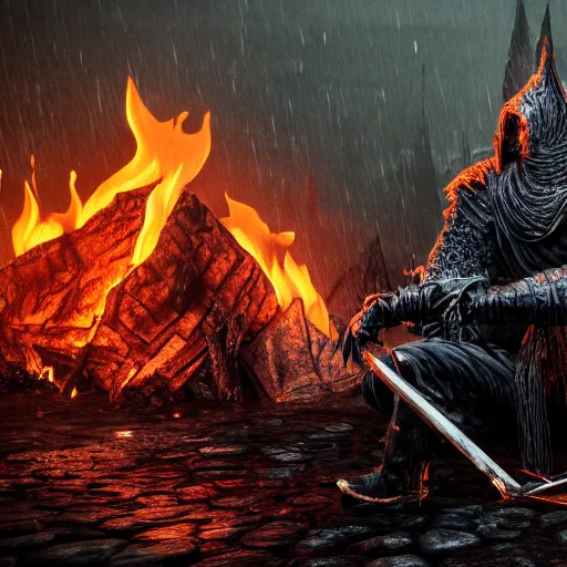 Image similar to soul of cinder boss from dark souls 3 sitting near a camp fire, evening time, heavy rain, rain water reflections in ground, digital illustration, crisp details, highly detailed art, 8k image quality, full body camera shot