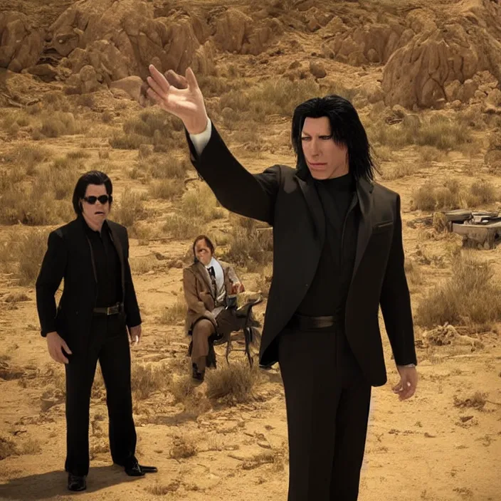 Prompt: a john travolta as vincent vega suprised gesture nobody there ghost town tumbleweed bushes on ground shrugging hand at waist level. standing in black suit high noon, highly detailed, photorealistic, octane render, 8 k, unreal engine, art by todd mcfarlane, artgerm, greg rutkowski, alphonse mucha