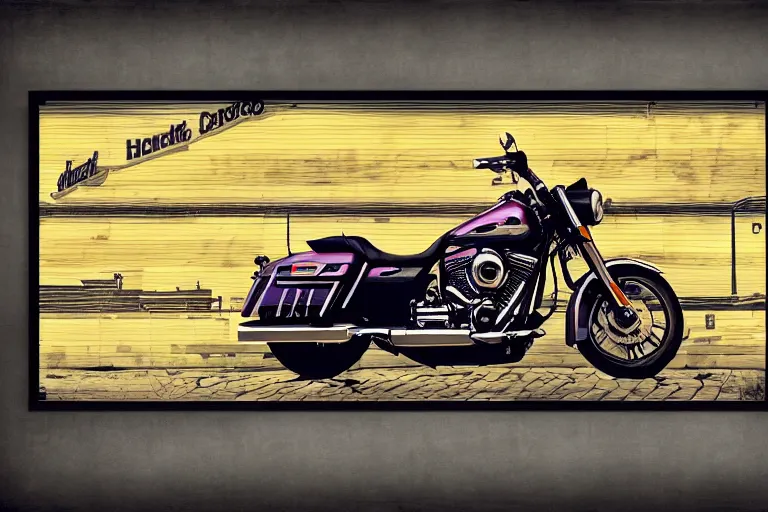 Prompt: harley davidson in front of a gas station, panoramic view, soft colors, pop art style