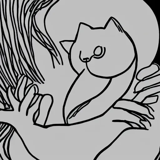 Prompt: simple line art of a woman cuddling a cat