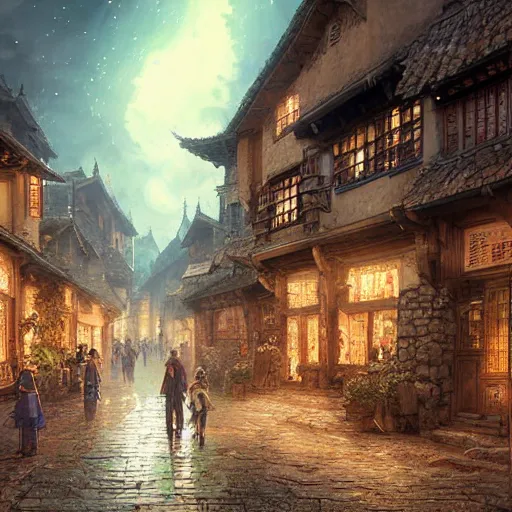 Image similar to ultra realistic illustration and highly detailed digital render of a intricate busy street inside a ancient 1 5 th century stone village, by greg rutkowski and makoto shinkai, nighttime, dark sky, twinkly stars, amazing sky, migrating birds in the sky, colorful street lamps along road, natural stone road, asian style vendorsf